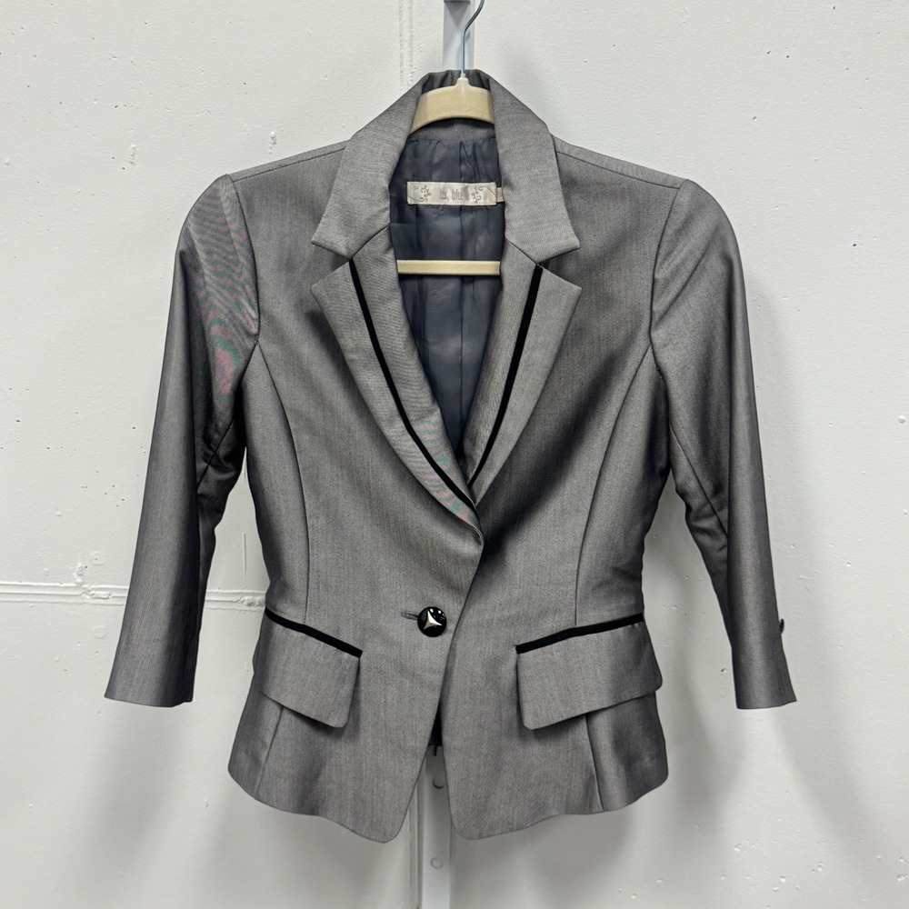 By Blu Grey Tailored Blazer Velvet Trim Pleated Peplum Jacket 26-0030 Size 34 XS